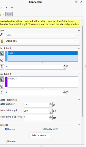 How to Use Cable Connectors in SOLIDWORKS Simulation 3 Cable Connectors Property Manager