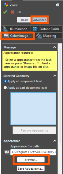 How to Create a Custom Appearance in SOLIDWORKS 9 Selecting the downloaded appearance image