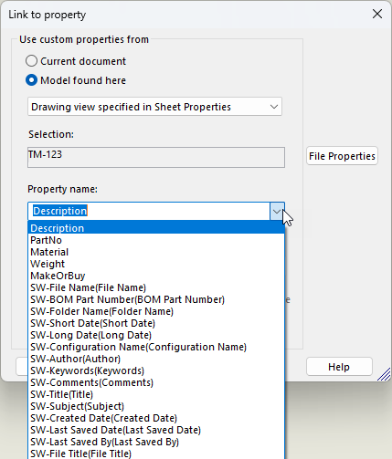 Linking notes to SOLIDWORKS custom properties