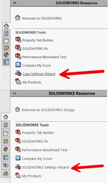 Accessing the Copy Settings Wizard from the SOLIDWORKS Task Pane