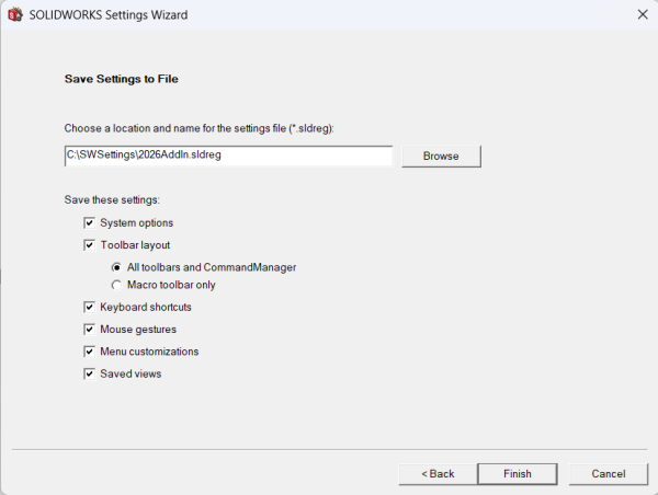 Selecting settings to be saved