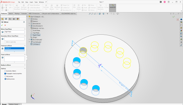 Mirroring the circular pattern across the right plane