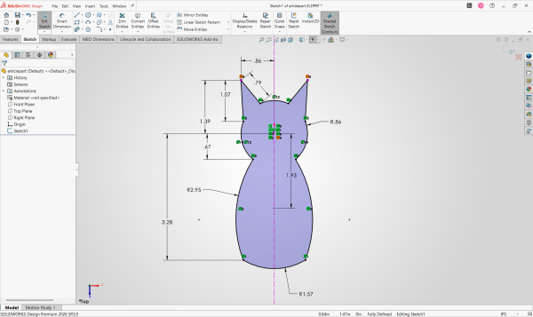 How to Use a Sketch to Create Bodies in SOLIDWORKS 3 A fully dimensioned cat sketch