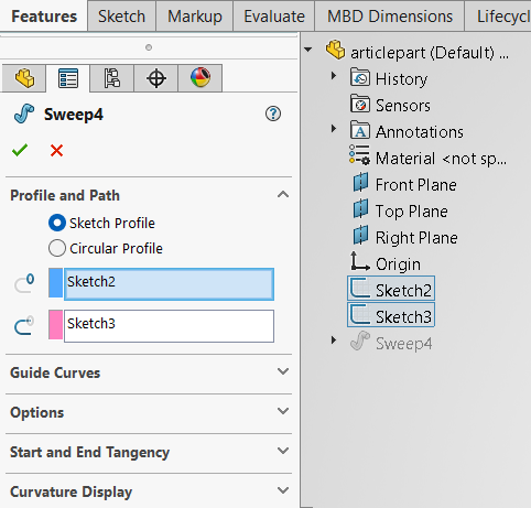 How to Use a Sketch to Create Bodies in SOLIDWORKS 17 The Sweep PropertyManager