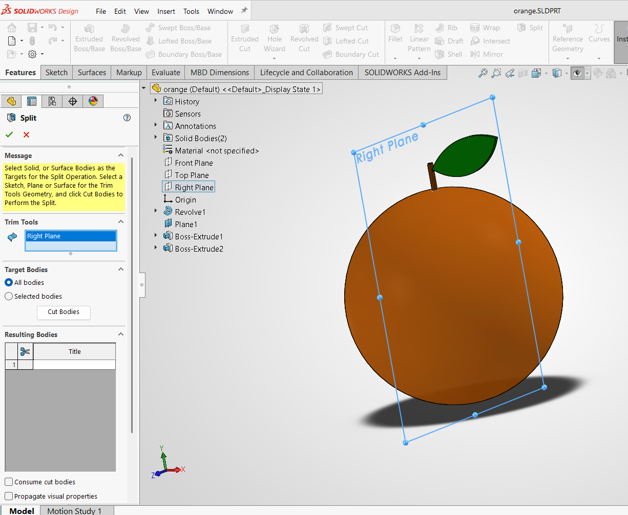 Split command in SOLIDWORKS