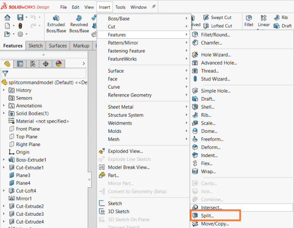 How to Use the SOLIDWORKS Split Command 3 Accessing the Split command through the Insert menu