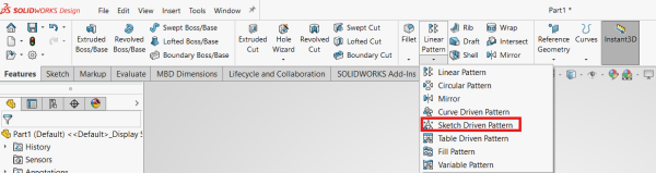 Sketch driven pattern in the feature tab