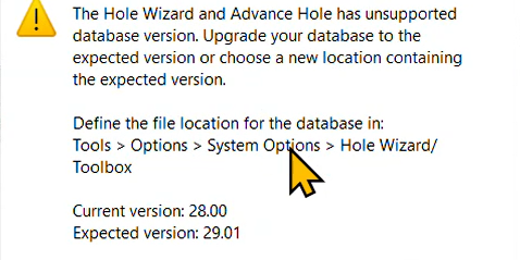 Hole wizard database error Hole wizard database file Erreur de base de données de l'assistant de trous Fichier de base de données de l'assistant de trous